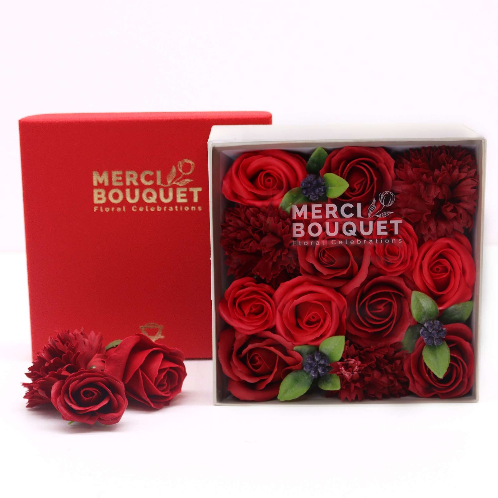 Bouquet de Fleurs de Savon en Boîte – Cadeau Saint-Valentin – Rouge